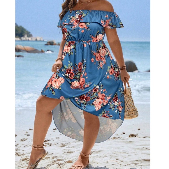 Plus Floral Print Off Shoulder High Low Dress - Picture 9 of 10